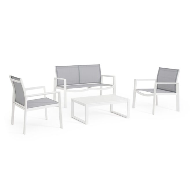 Set salotto da giardino GRANADA in textilene grigio chiaro e struttura in alluminio bianco, 4 pezzi