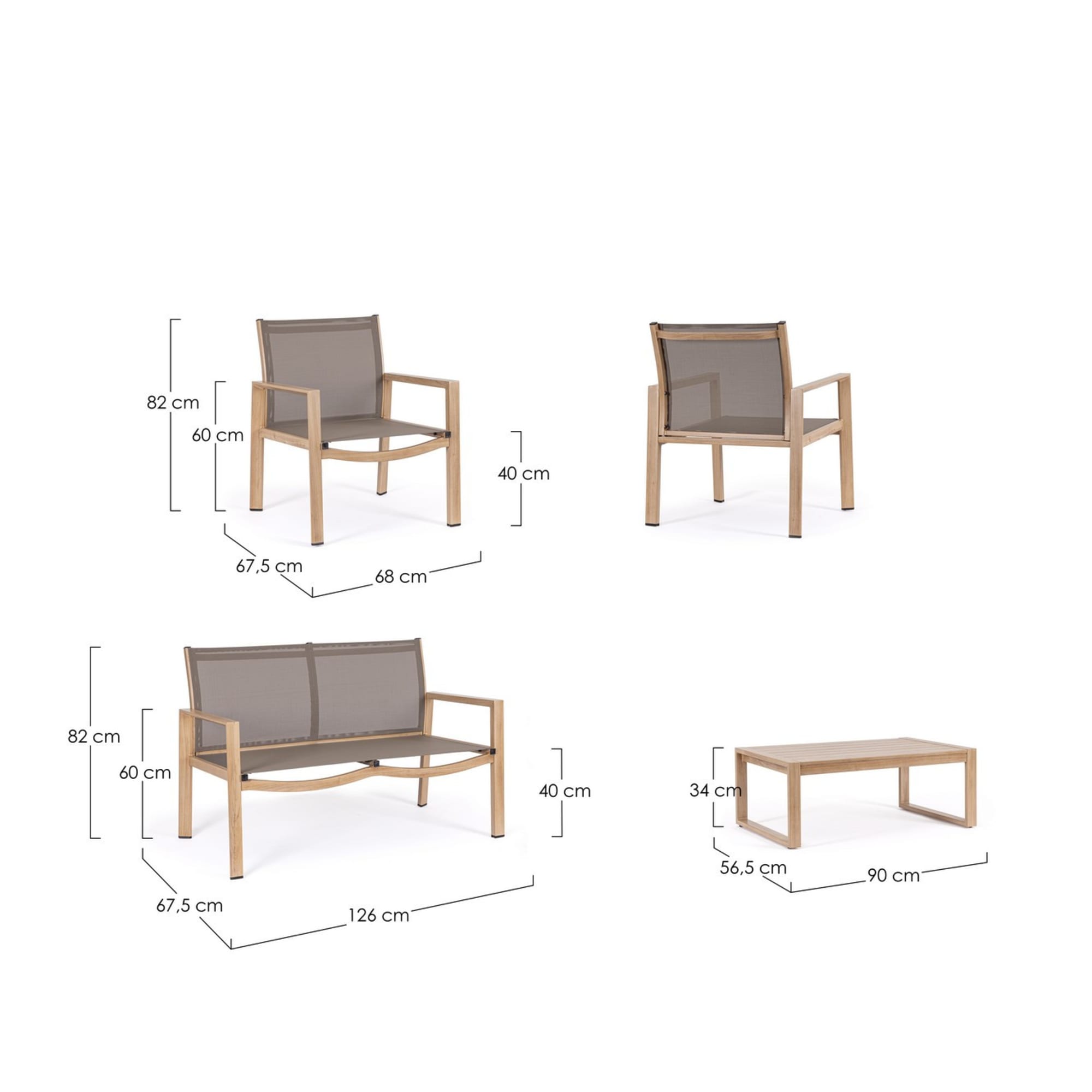Set salotto da giardino GRANADA in textilene tortora e struttura in alluminio finitura naturale, 4 pezzi