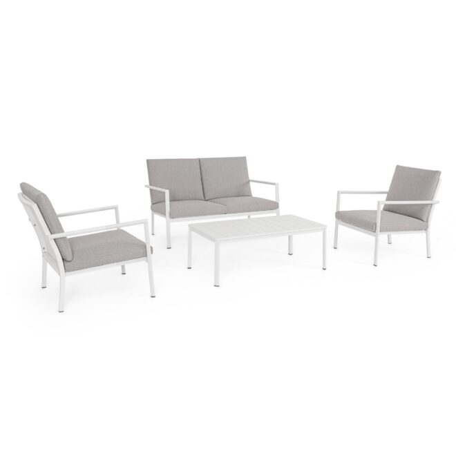 Set salotto da giardino KONNOR in textilene con cuscini e struttura in alluminio bianco, 4 pezzi