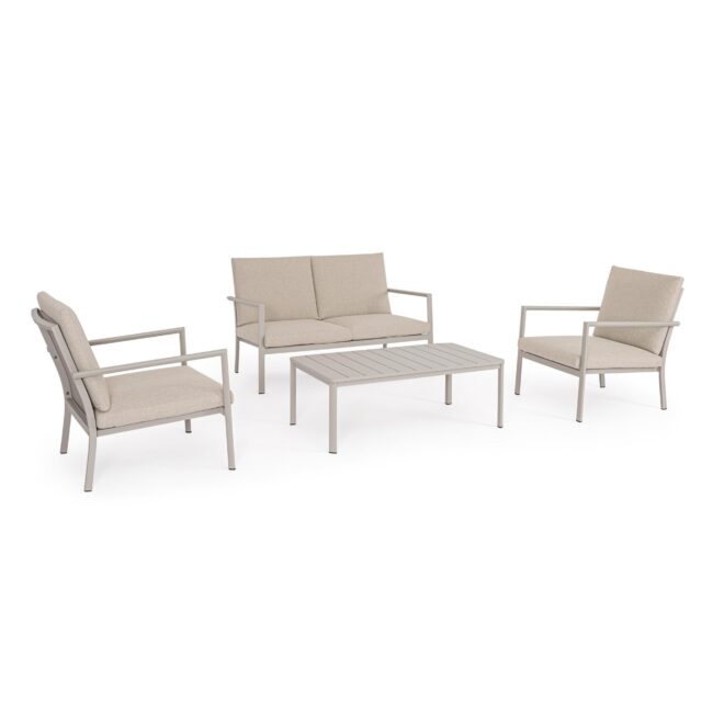 Set salotto da giardino KONNOR in textilene con cuscini e struttura in alluminio finitura tortora, 4 pezzi