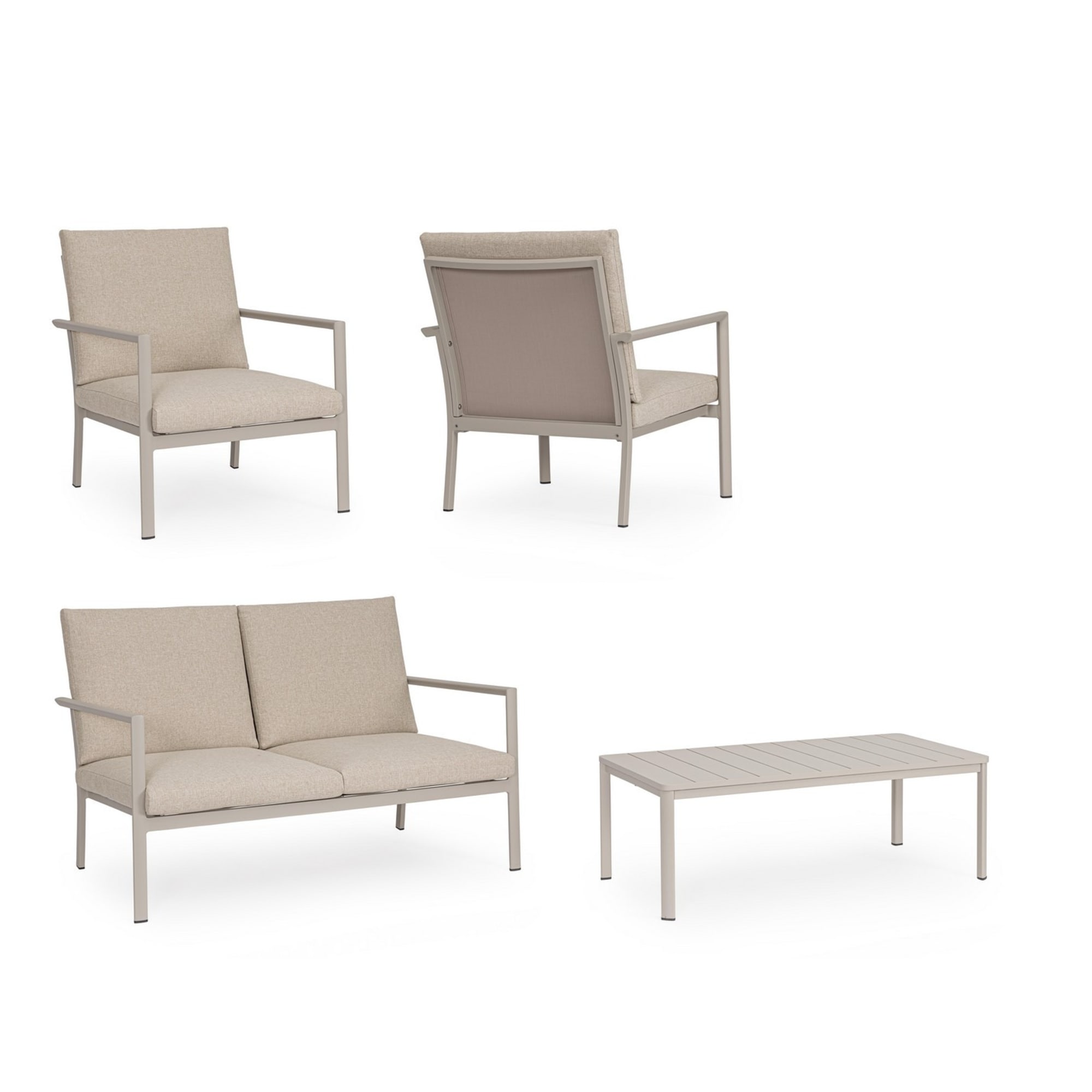 Set salotto da giardino KONNOR in textilene con cuscini e struttura in alluminio finitura tortora, 4 pezzi