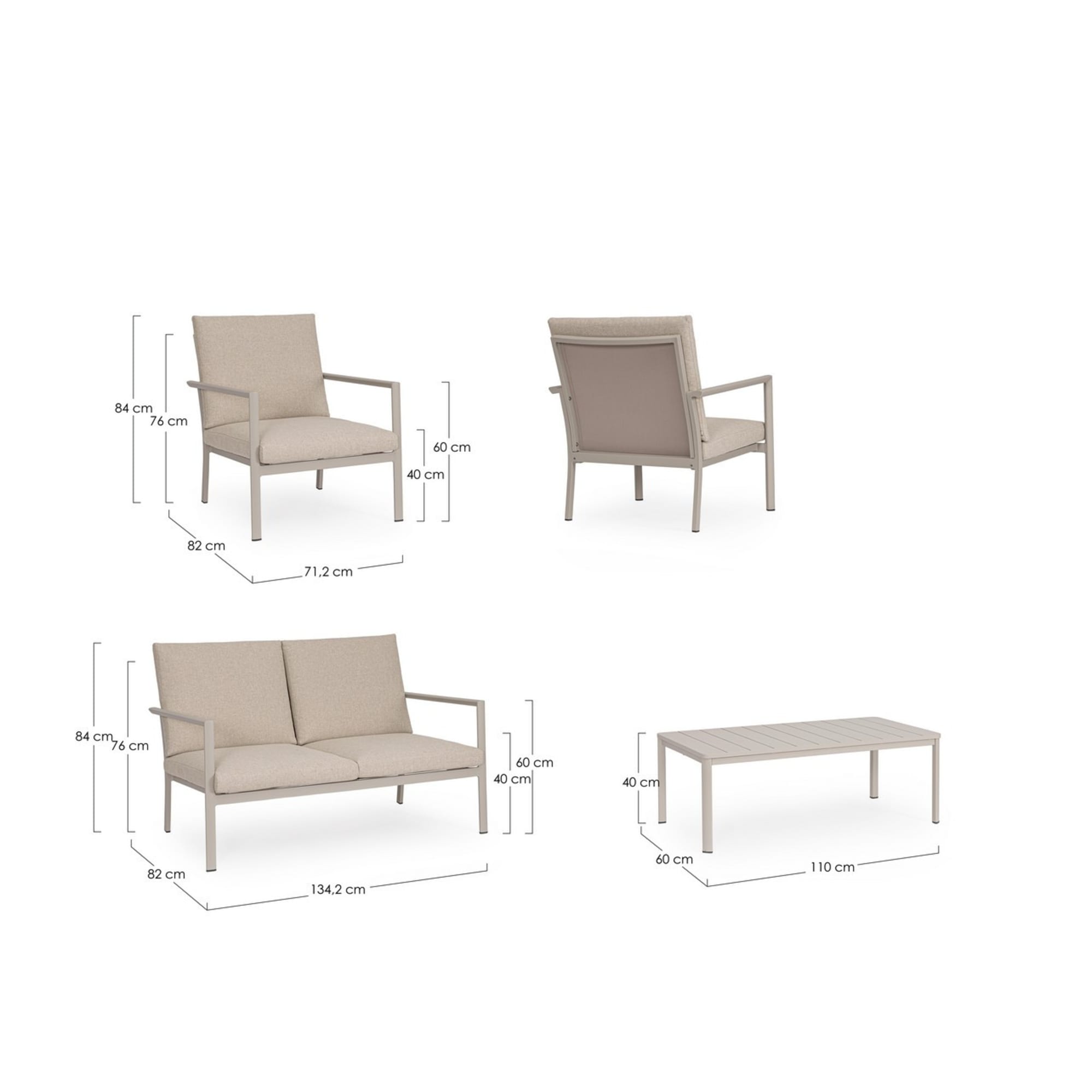 Set salotto da giardino KONNOR in textilene con cuscini e struttura in alluminio finitura tortora, 4 pezzi