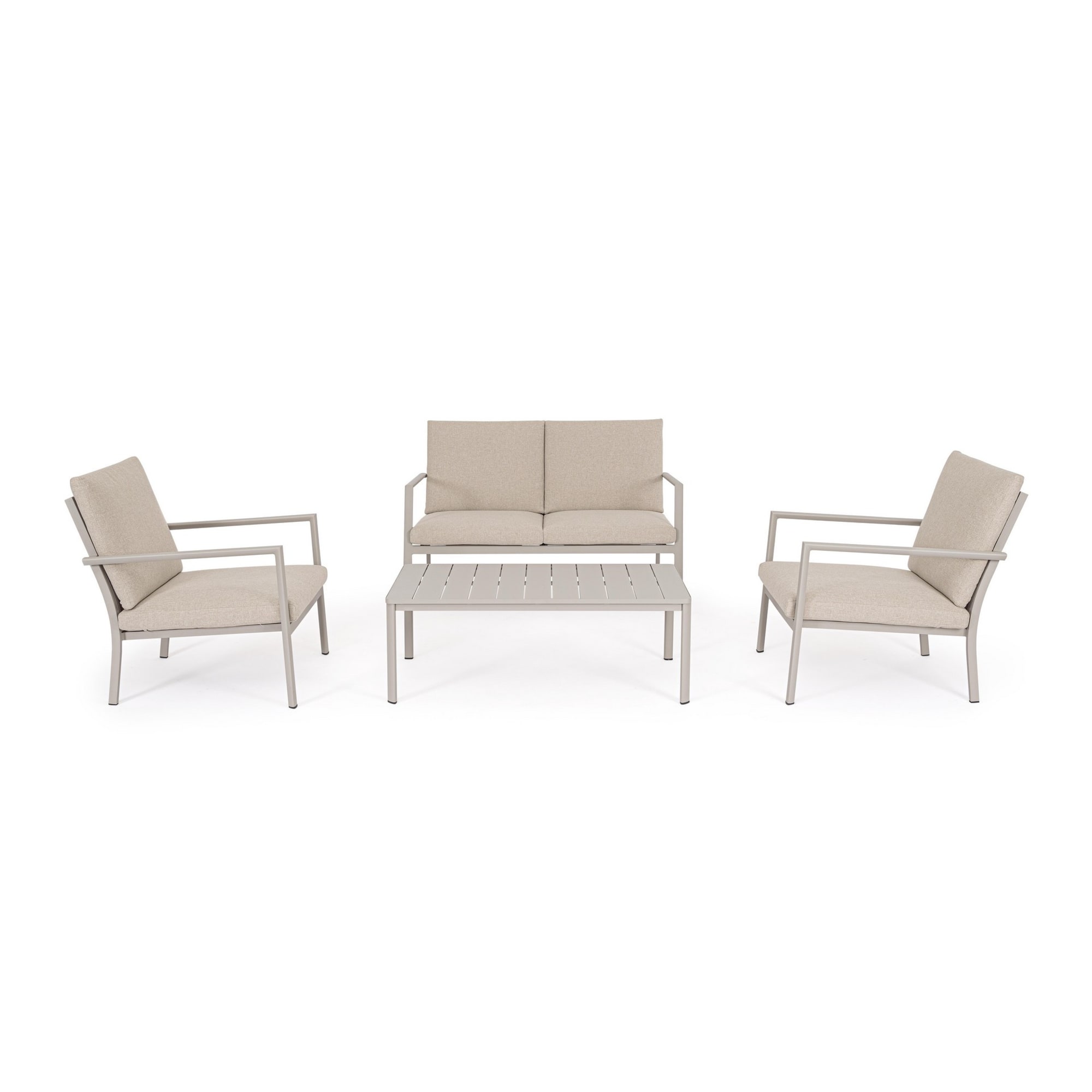 Set salotto da giardino KONNOR in textilene con cuscini e struttura in alluminio finitura tortora, 4 pezzi