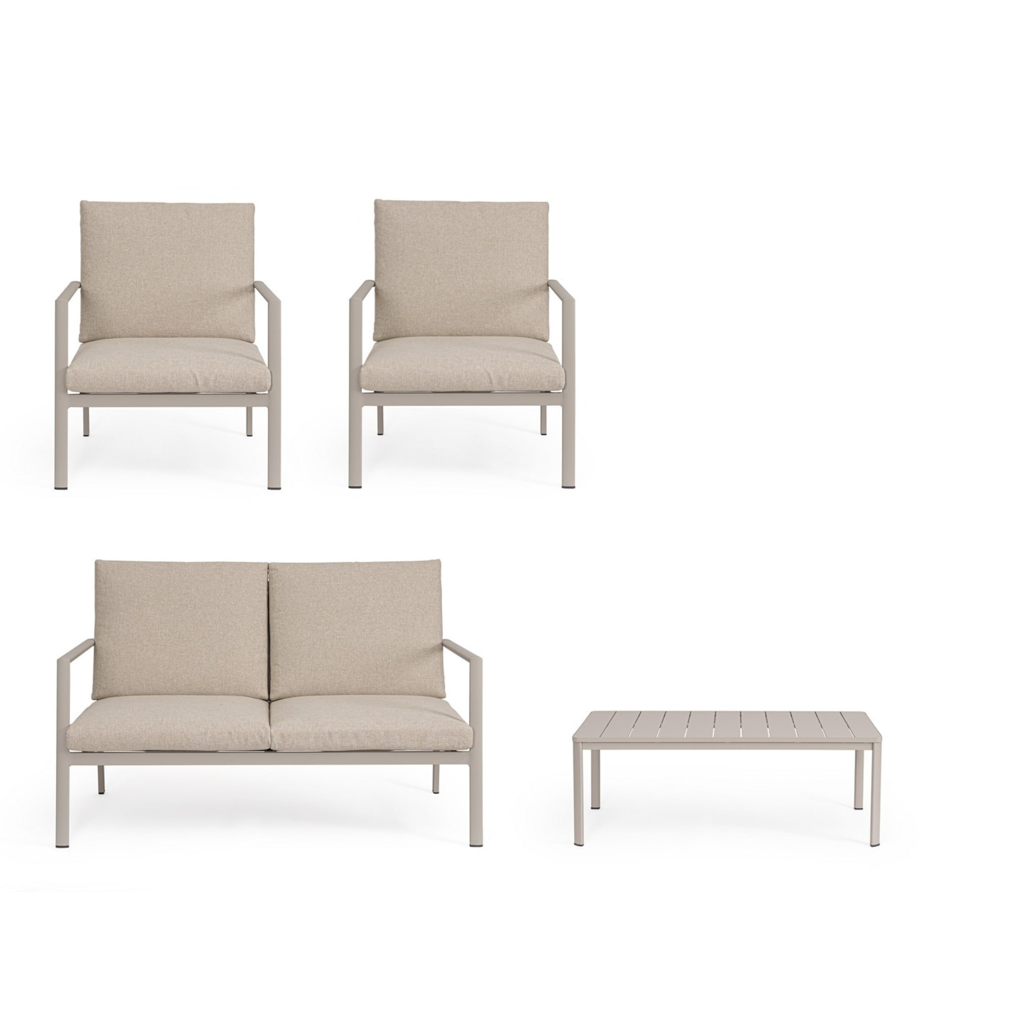 Set salotto da giardino KONNOR in textilene con cuscini e struttura in alluminio finitura tortora, 4 pezzi