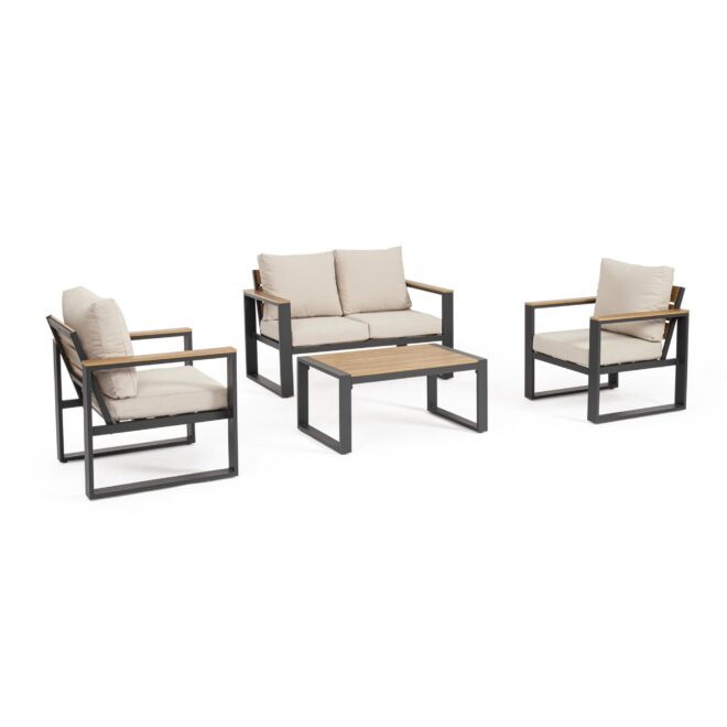 Set salotto da giardino LEIRIA con cuscini beige, dettagli in simil legno e struttura in alluminio antracite, 4 pezzi
