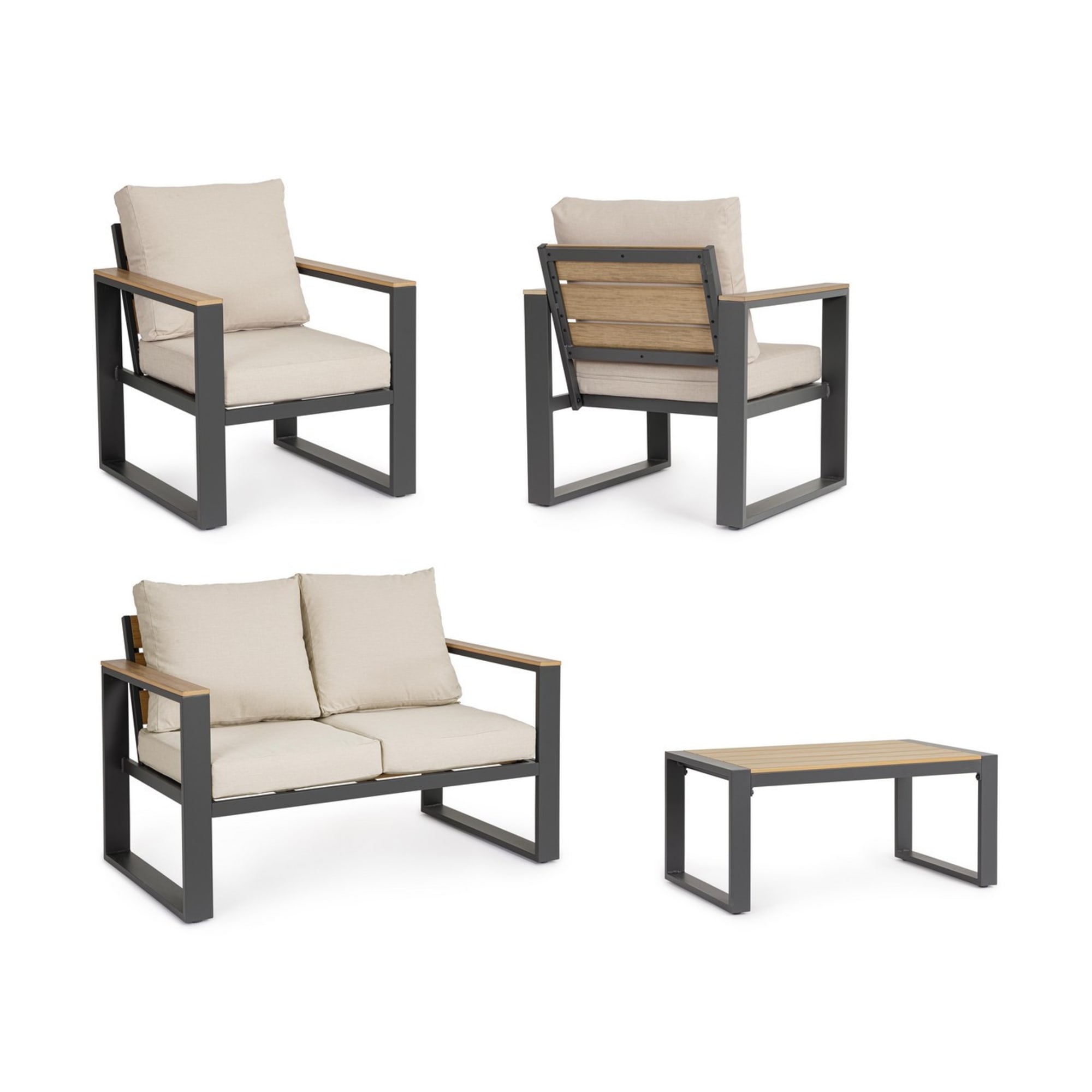 Set salotto da giardino LEIRIA con cuscini beige, dettagli in simil legno e struttura in alluminio antracite, 4 pezzi