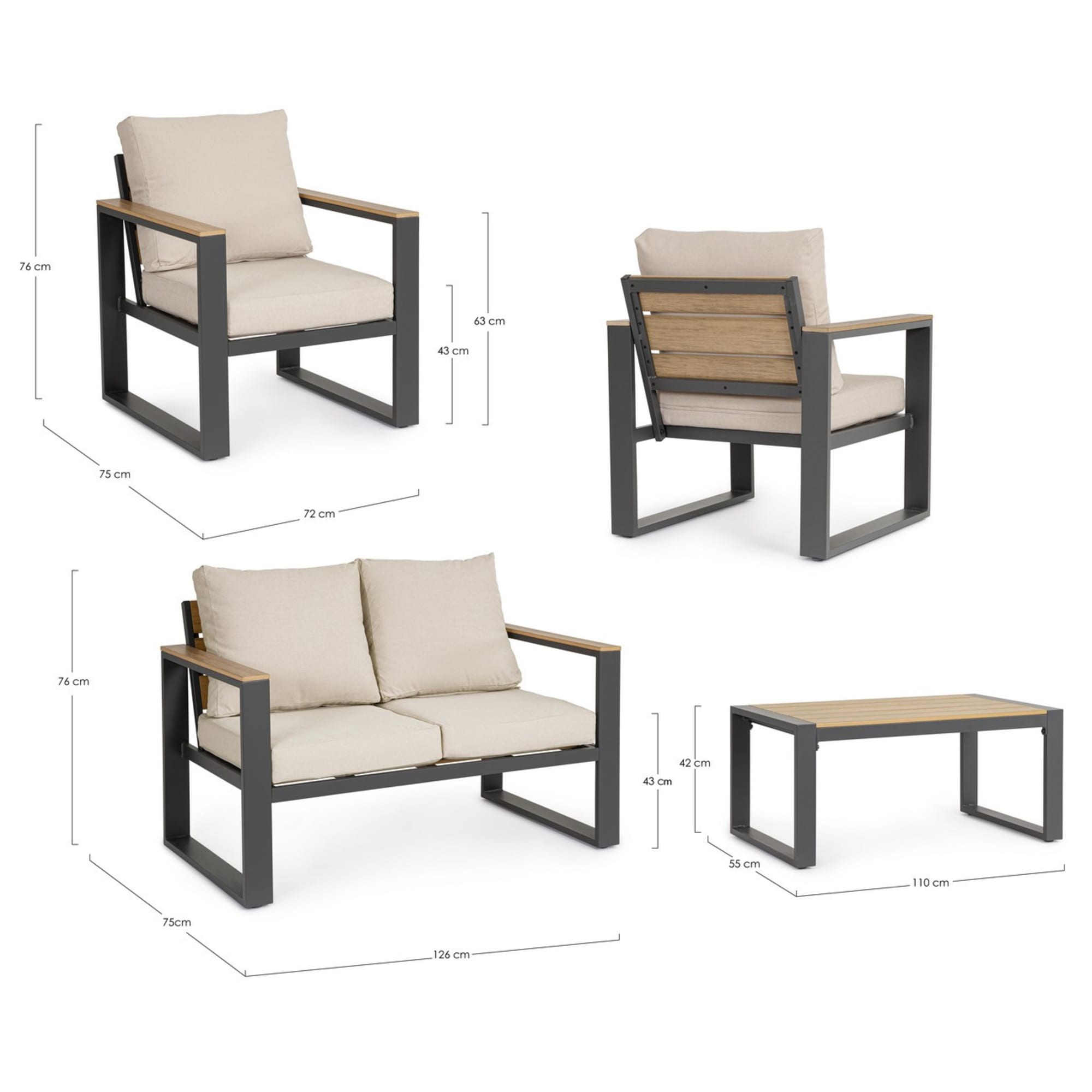 Set salotto da giardino LEIRIA con cuscini beige, dettagli in simil legno e struttura in alluminio antracite, 4 pezzi