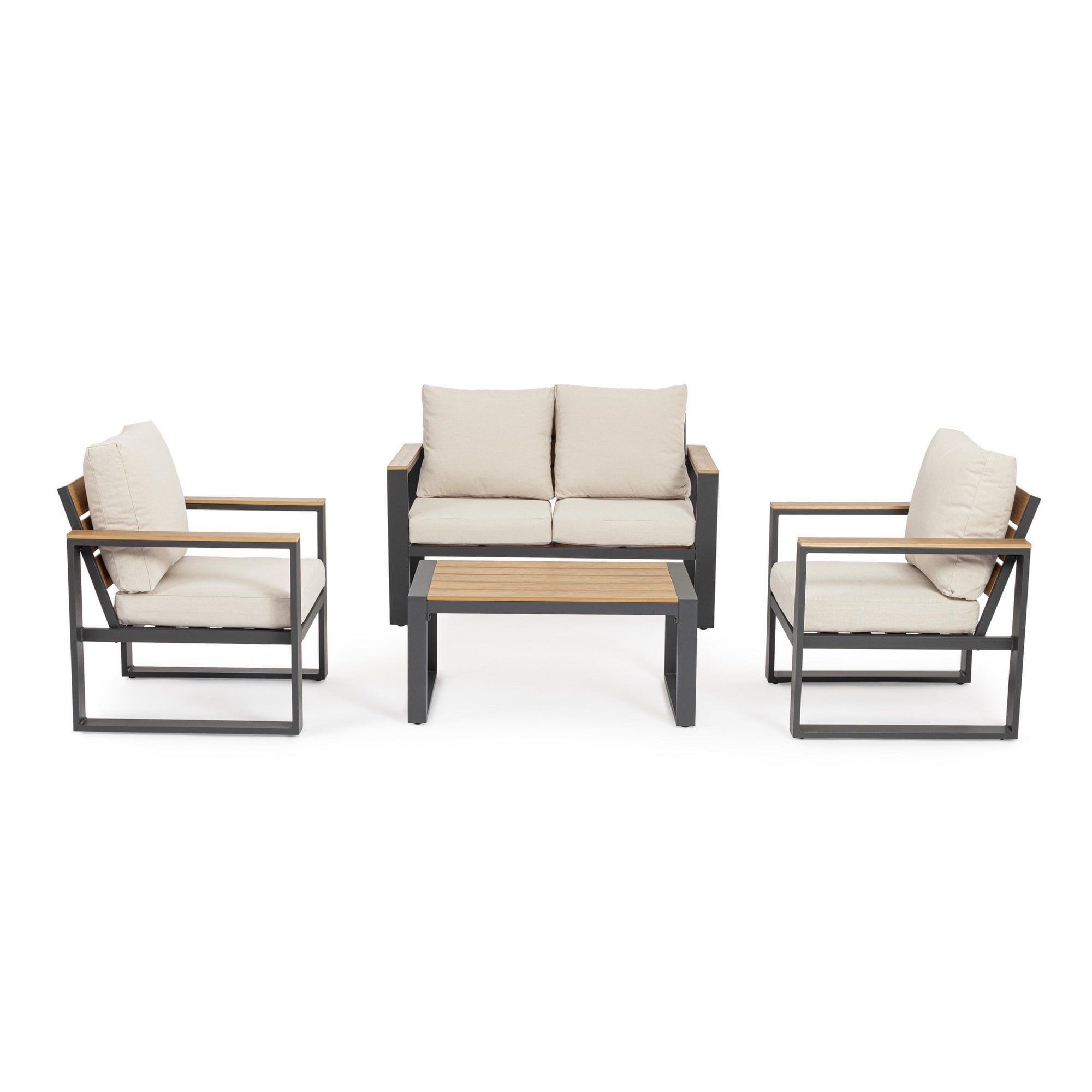 Set salotto da giardino LEIRIA con cuscini beige, dettagli in simil legno e struttura in alluminio antracite, 4 pezzi