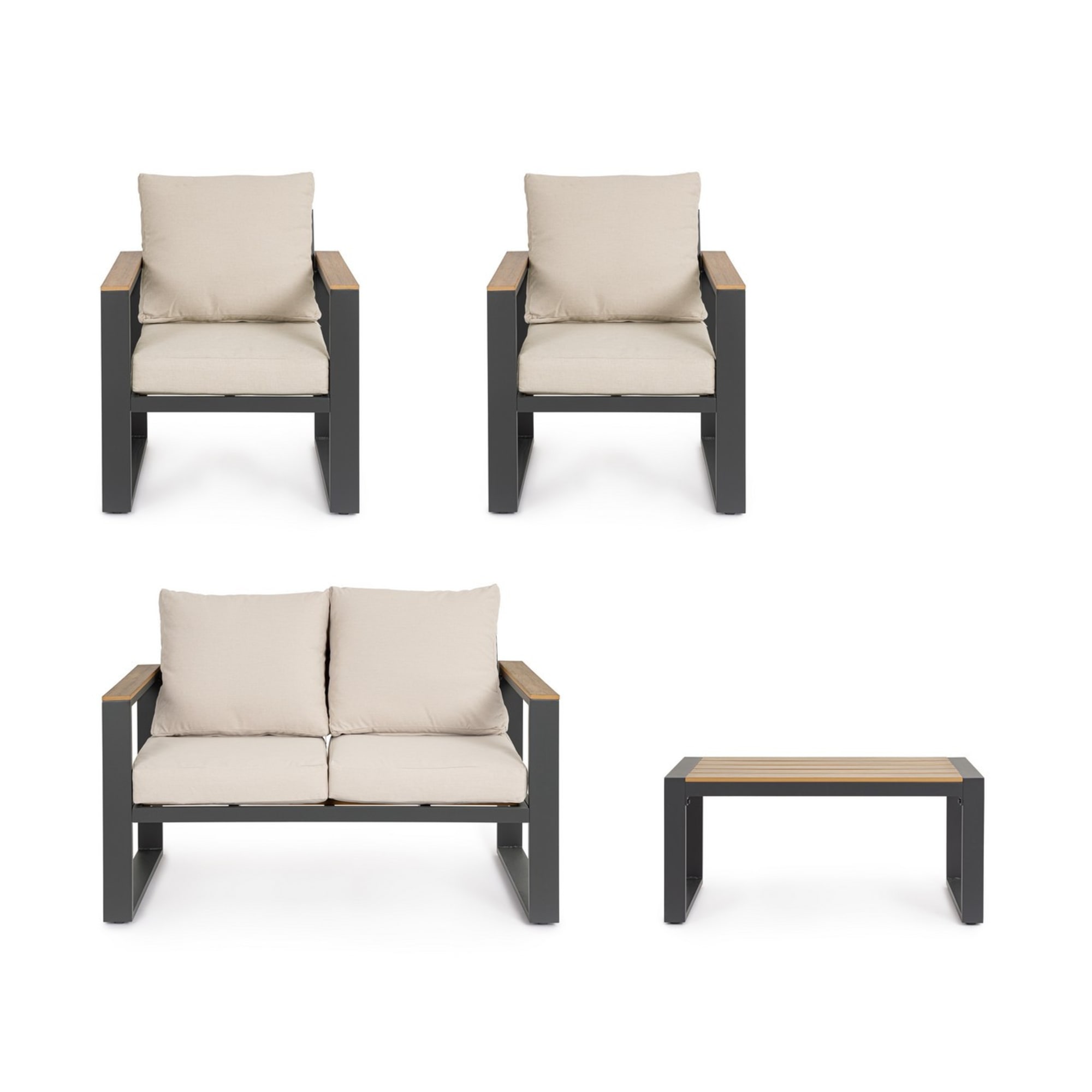Set salotto da giardino LEIRIA con cuscini beige, dettagli in simil legno e struttura in alluminio antracite, 4 pezzi