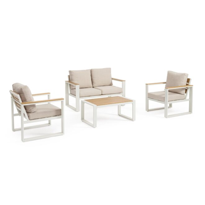 Set salotto da giardino LEIRIA con cuscini beige, dettagli in simil legno e struttura in alluminio bianco, 4 pezzi