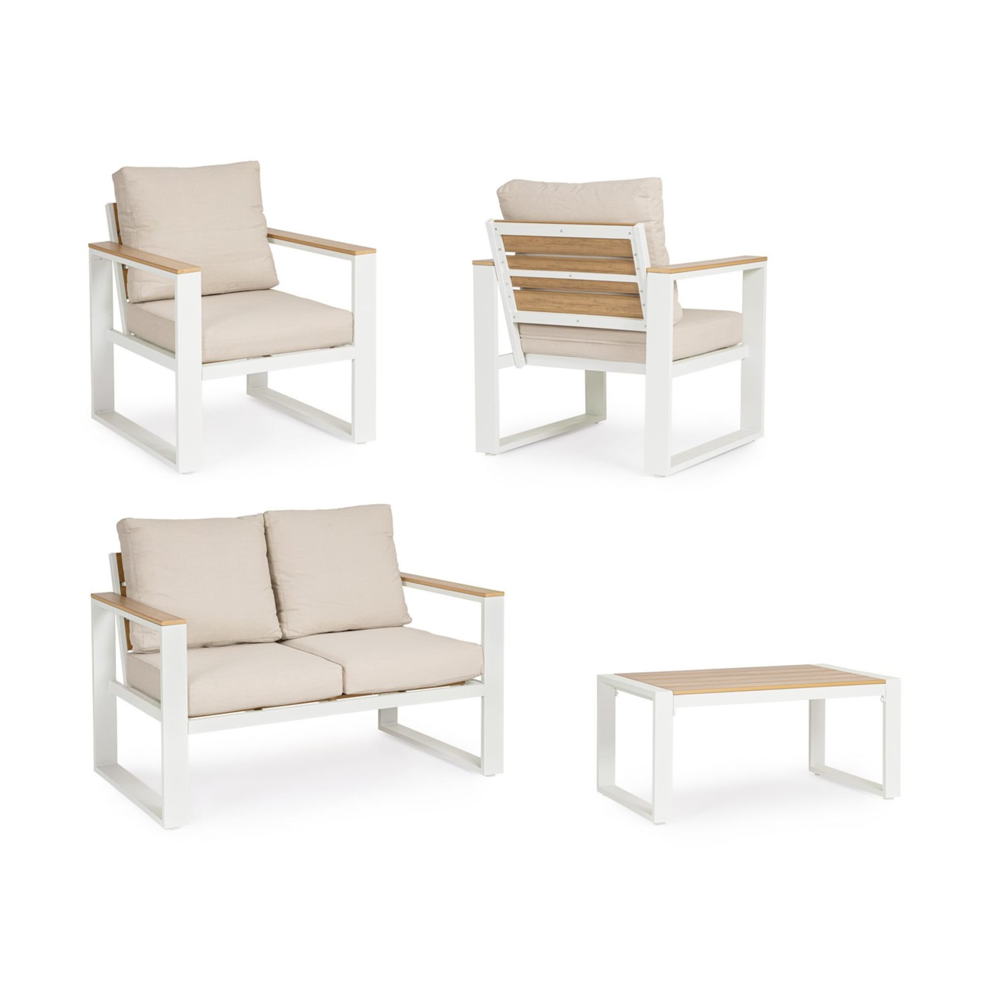 Set salotto da giardino LEIRIA con cuscini beige, dettagli in simil legno e struttura in alluminio bianco, 4 pezzi