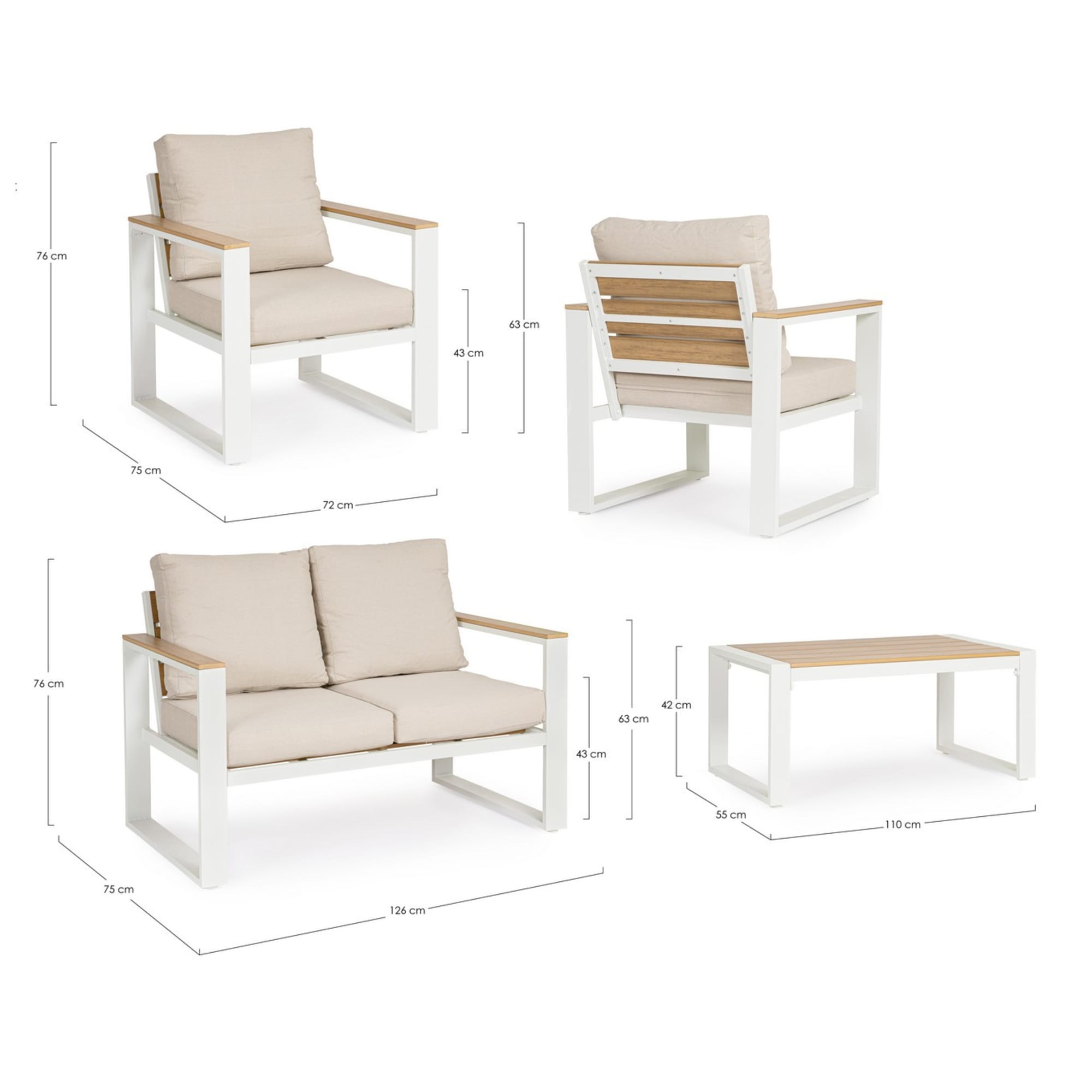 Set salotto da giardino LEIRIA con cuscini beige, dettagli in simil legno e struttura in alluminio bianco, 4 pezzi