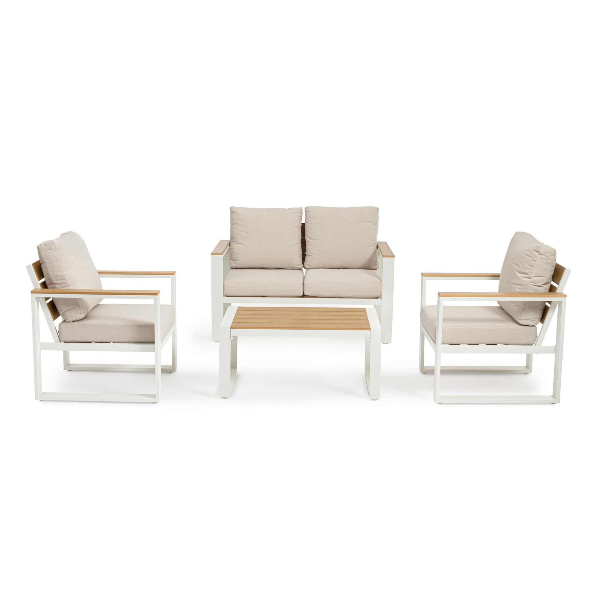 Set salotto da giardino LEIRIA con cuscini beige, dettagli in simil legno e struttura in alluminio bianco, 4 pezzi