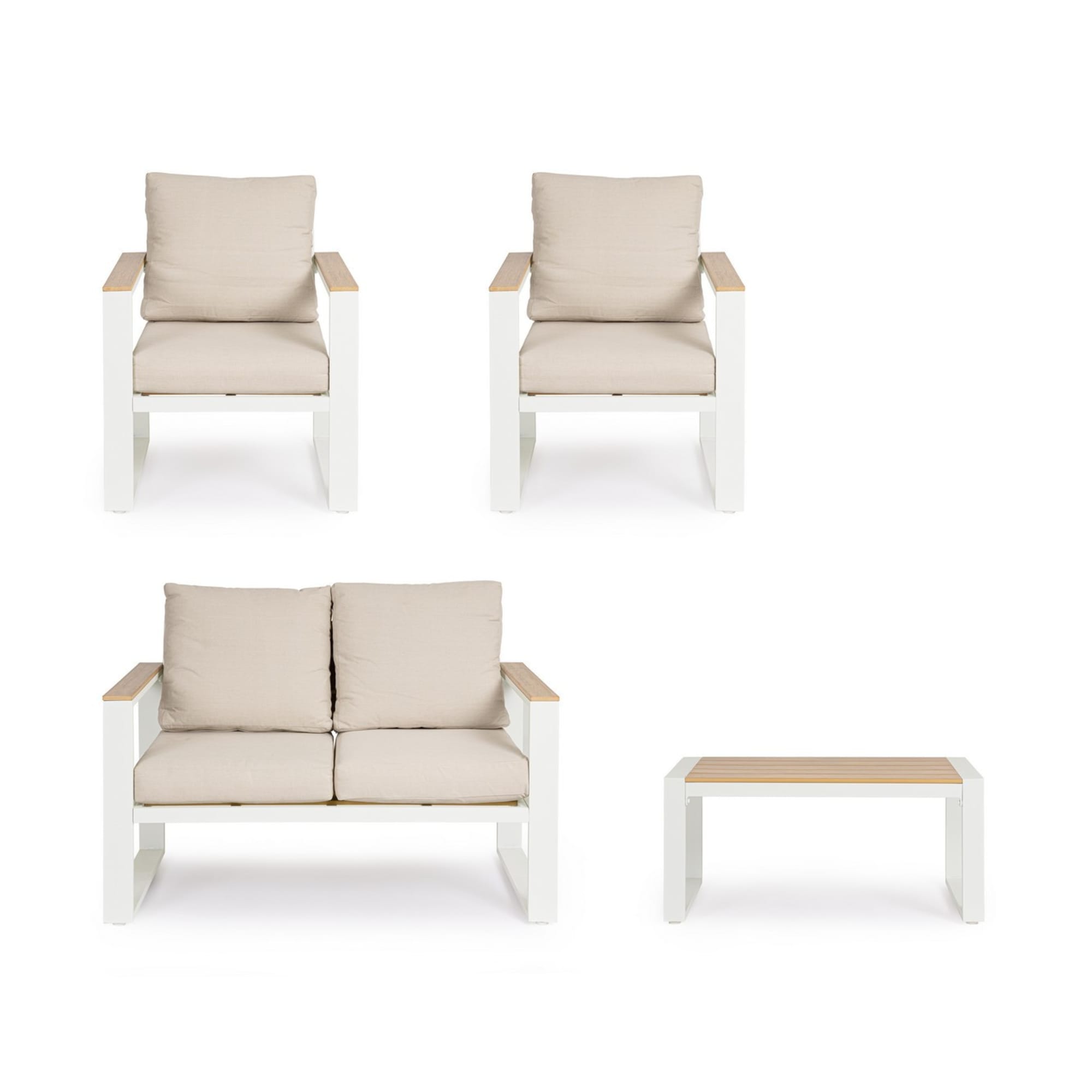 Set salotto da giardino LEIRIA con cuscini beige, dettagli in simil legno e struttura in alluminio bianco, 4 pezzi