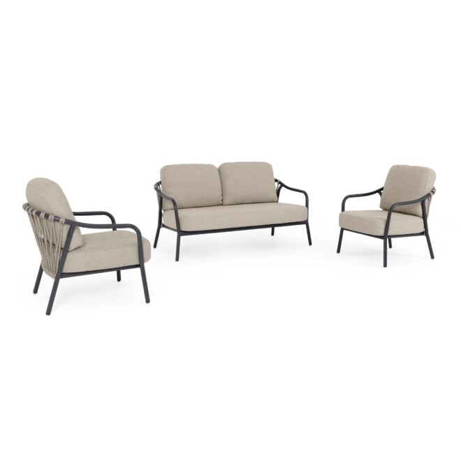 Set salotto da giardino PAMPLONA con cuscini beige, schienali in corda e struttura antracite, 3 pezzi
