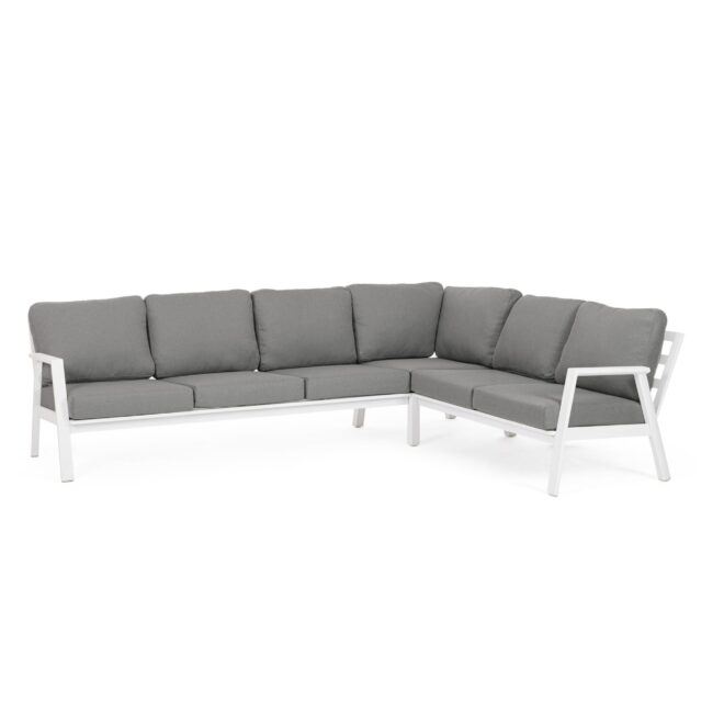 Set salotto angolare da giardino PENICHE con cuscini grigi e struttura in alluminio bianco