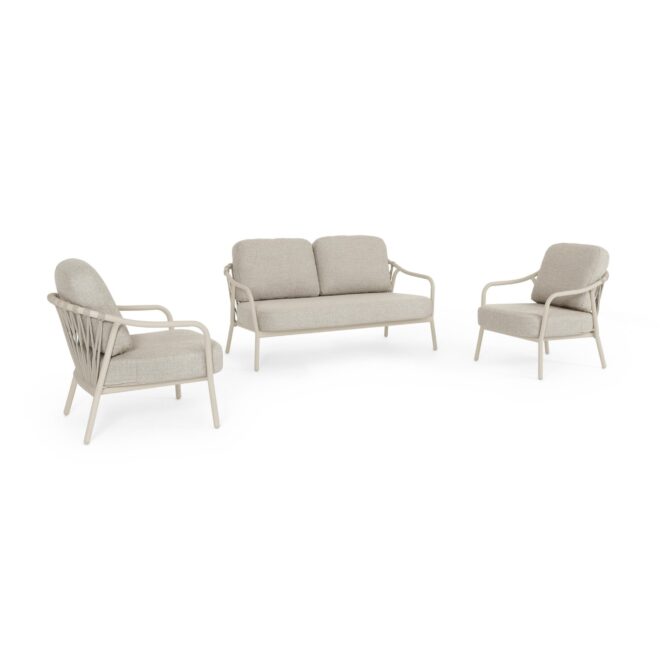 Set salotto da giardino PAMPLONA con cuscini, schienali in corda e struttura beige, 3 pezzi
