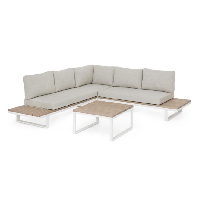 Set salotto angolare da giardino ZELMAR con cuscini beige, dettagli effetto legno e struttura bianca