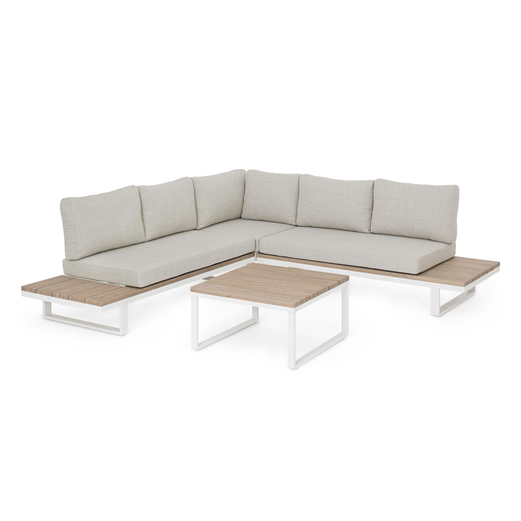 Set salotto angolare da giardino ZELMAR con cuscini beige, dettagli effetto legno e struttura bianca