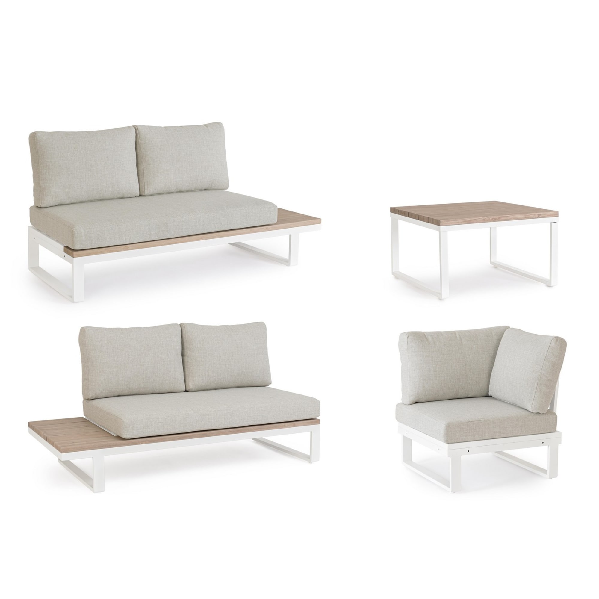 Set salotto angolare da giardino ZELMAR con cuscini beige, dettagli effetto legno e struttura bianca