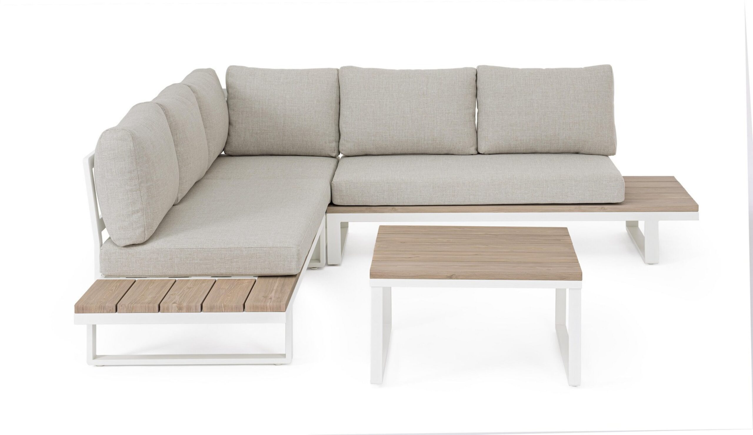 Set salotto angolare da giardino ZELMAR con cuscini beige, dettagli effetto legno e struttura bianca