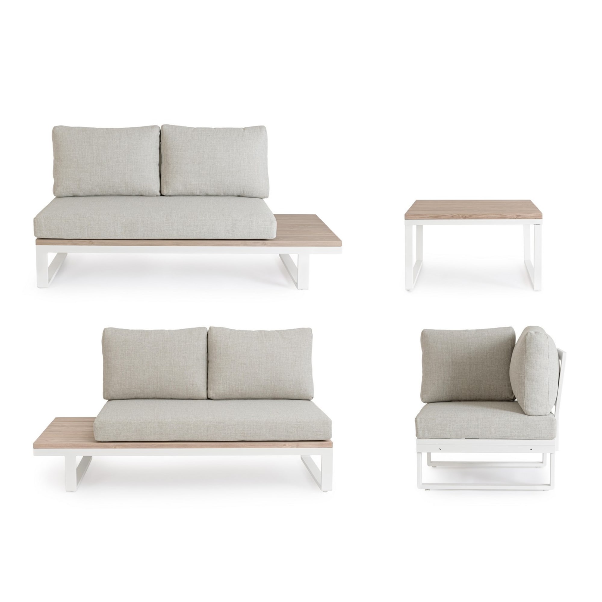 Set salotto angolare da giardino ZELMAR con cuscini beige, dettagli effetto legno e struttura bianca