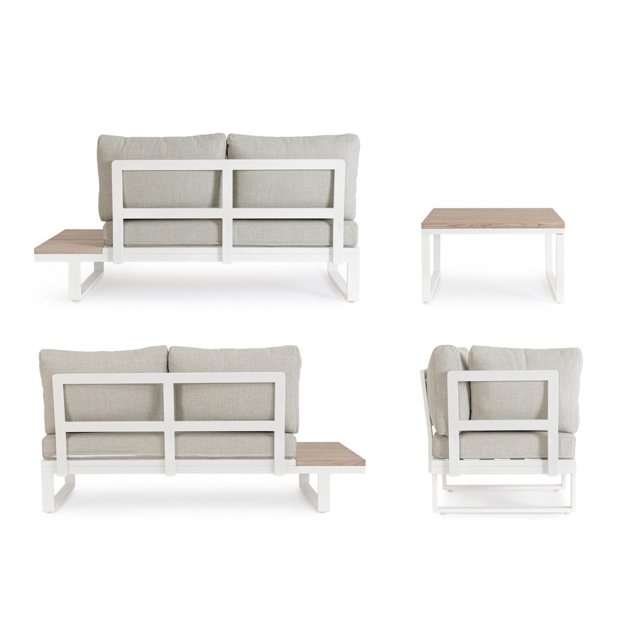 Set salotto angolare da giardino ZELMAR con cuscini beige, dettagli effetto legno e struttura bianca