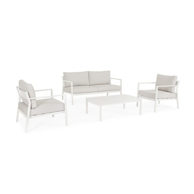 Set salotto da giardino CADAVAL composto da 2 poltrone, divano 2 posti e tavolino bianco