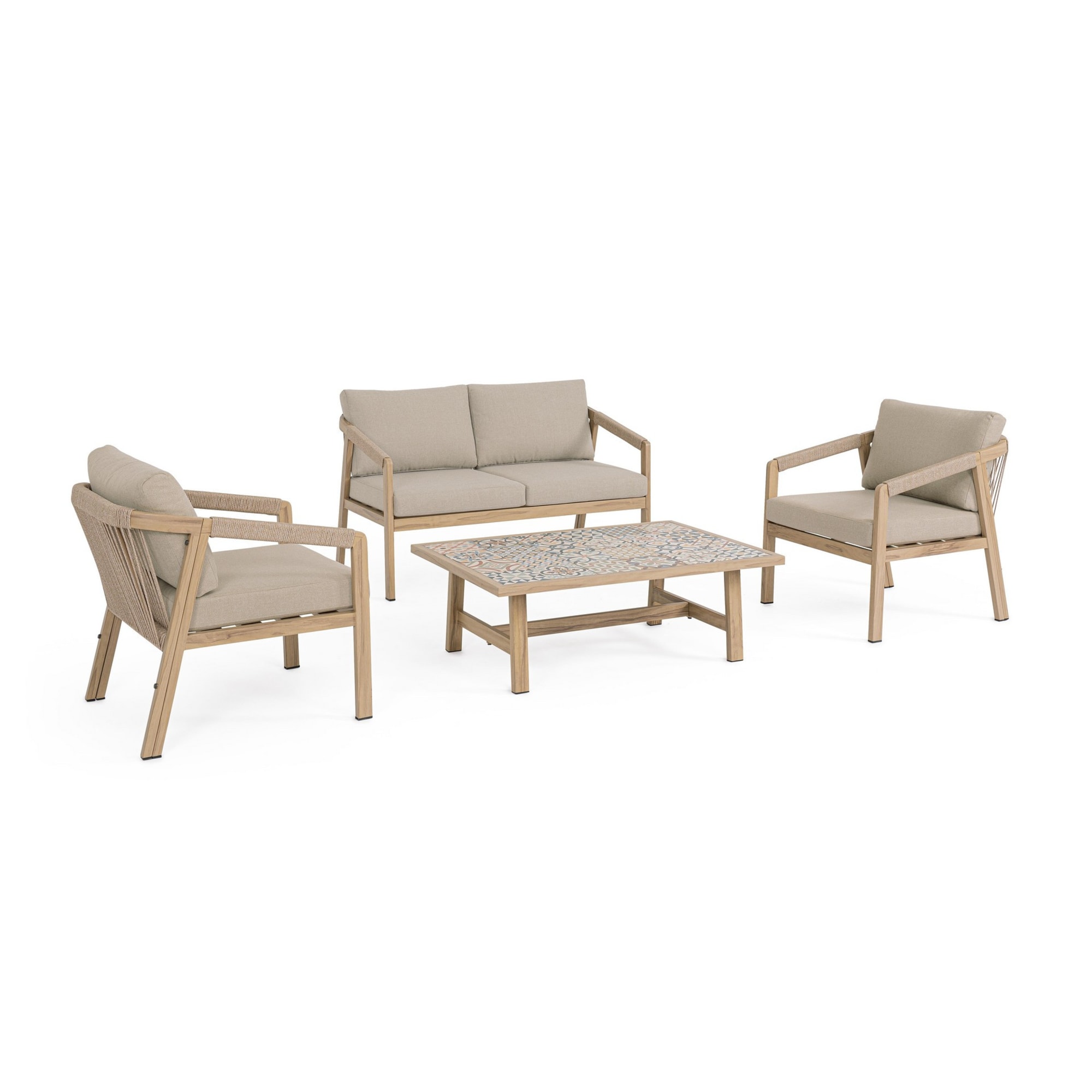 Set salotto da giardino ALVOR con cuscini, intreccio in corda e struttura in alluminio effetto legno, 4 pezzi