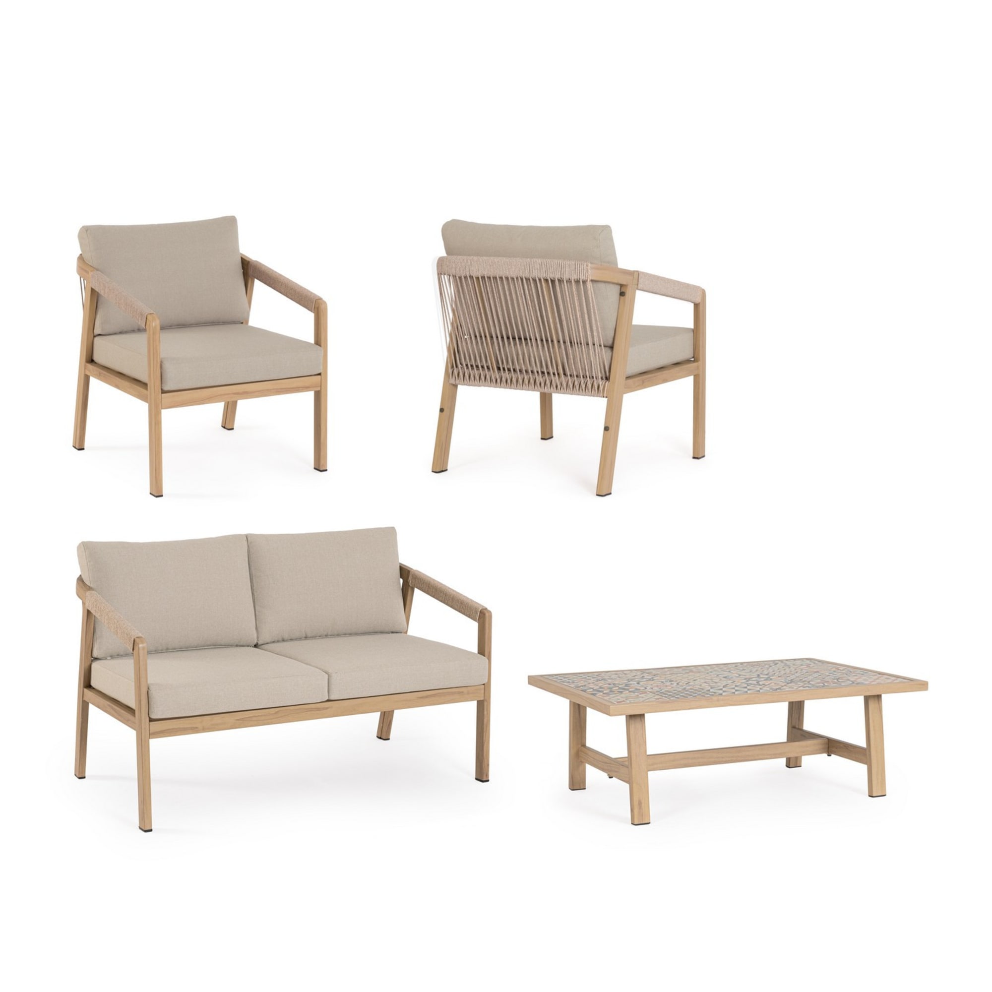 Set salotto da giardino ALVOR con cuscini, intreccio in corda e struttura in alluminio effetto legno, 4 pezzi