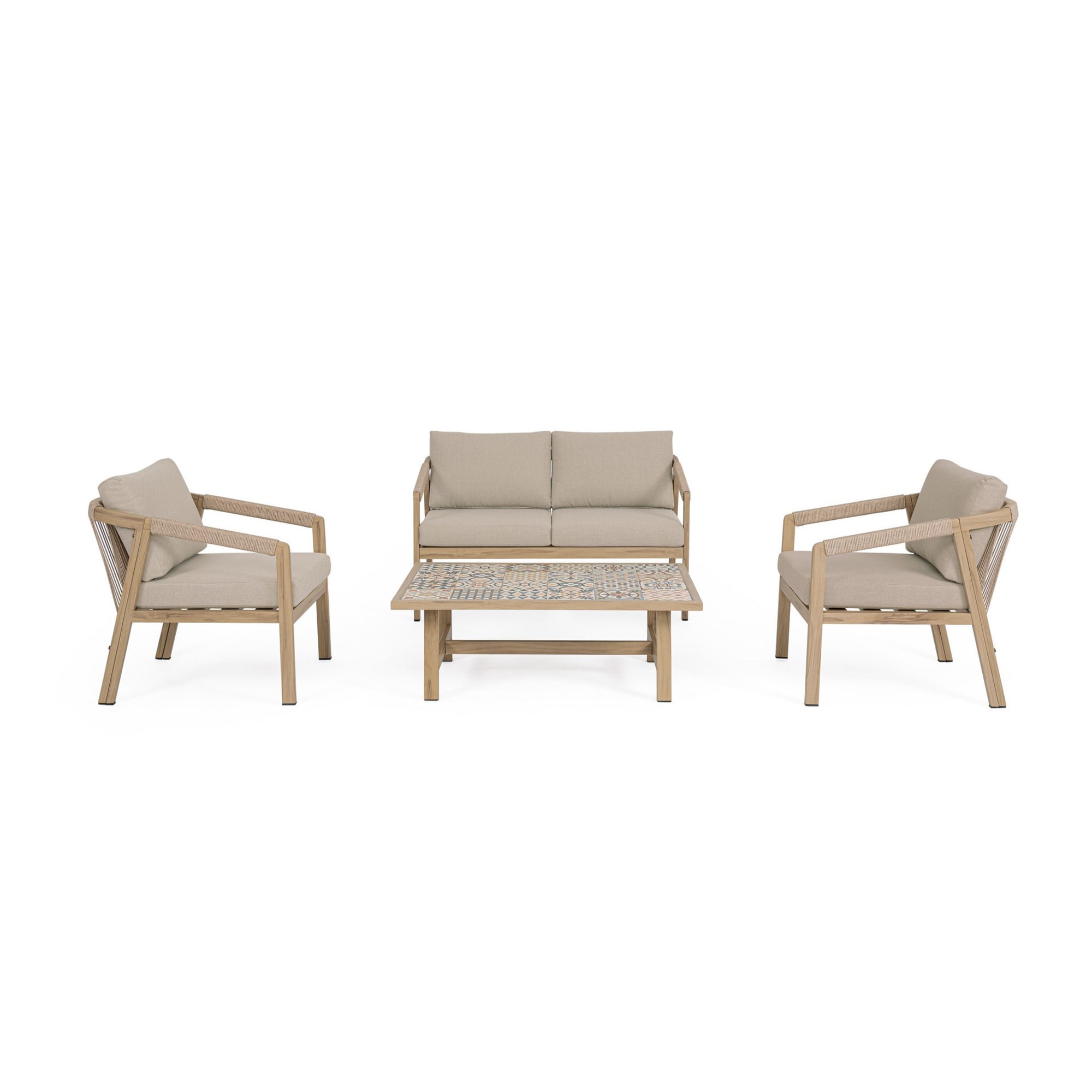 Set salotto da giardino ALVOR con cuscini, intreccio in corda e struttura in alluminio effetto legno, 4 pezzi