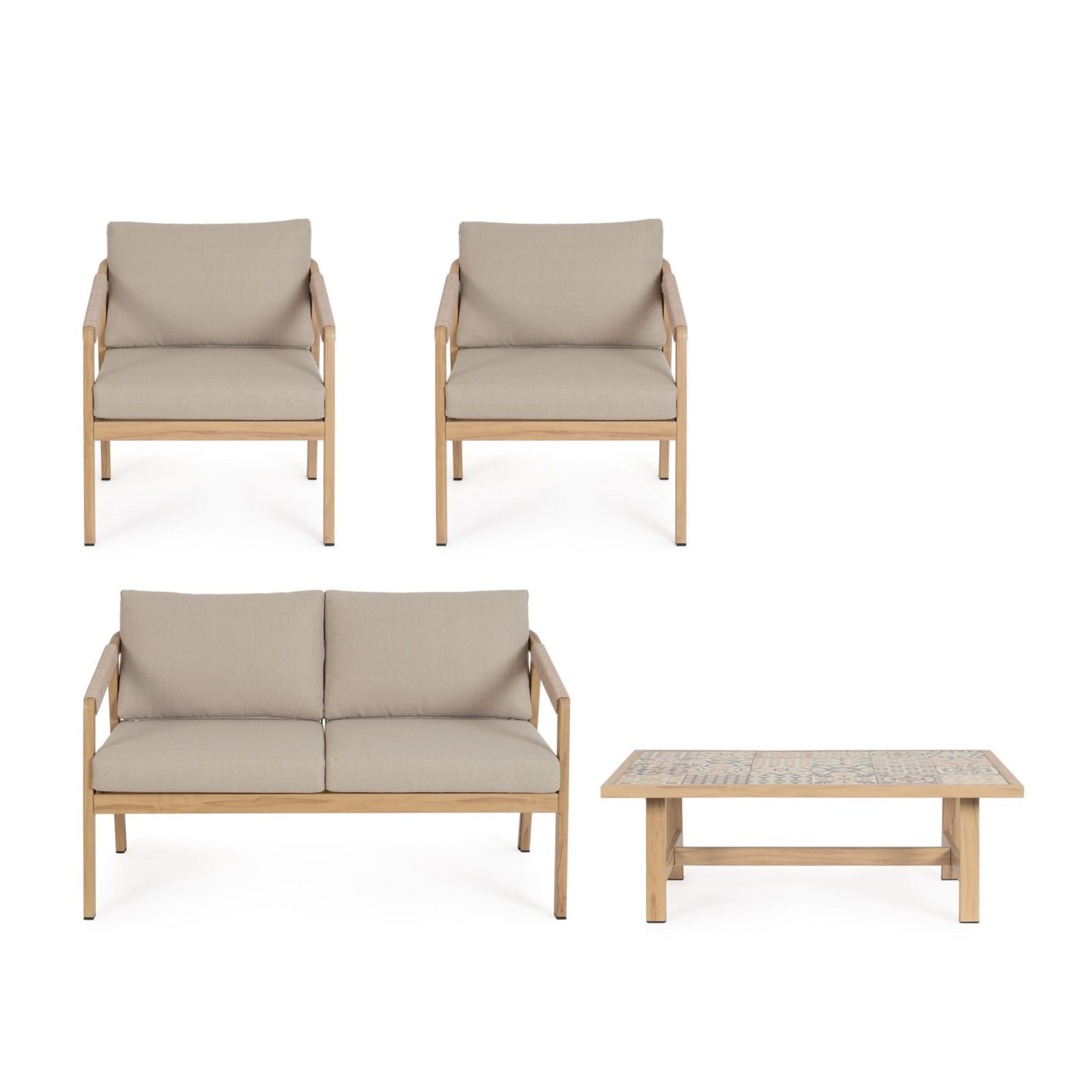 Set salotto da giardino ALVOR con cuscini, intreccio in corda e struttura in alluminio effetto legno, 4 pezzi