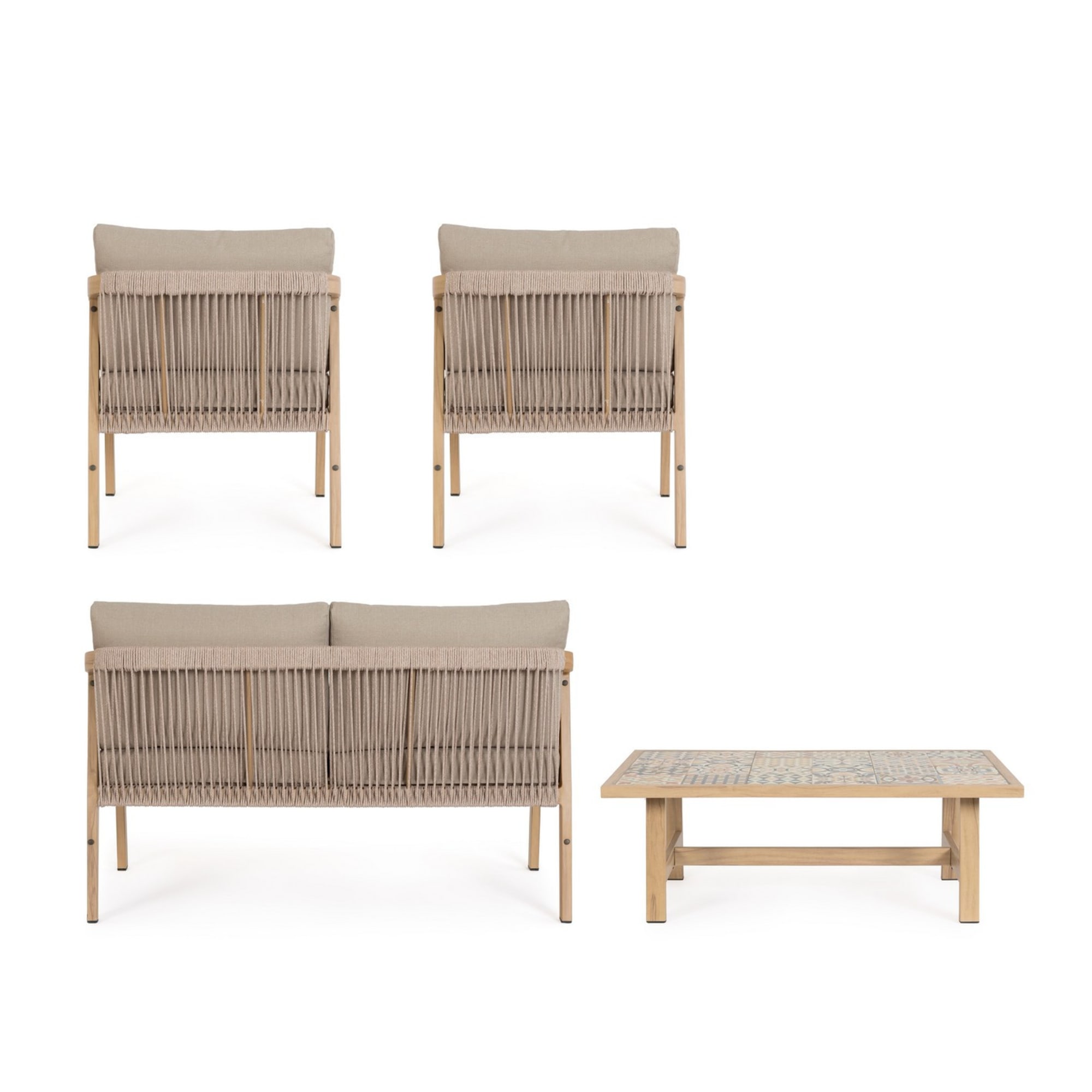 Set salotto da giardino ALVOR con cuscini, intreccio in corda e struttura in alluminio effetto legno, 4 pezzi