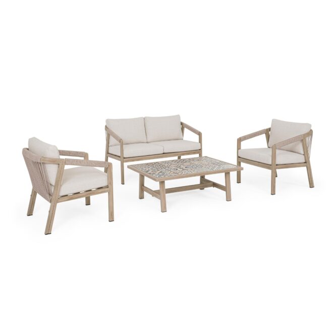 Set salotto da giardino ALVOR con cuscini, intreccio in corda e struttura in alluminio effetto legno, 4 pezzi