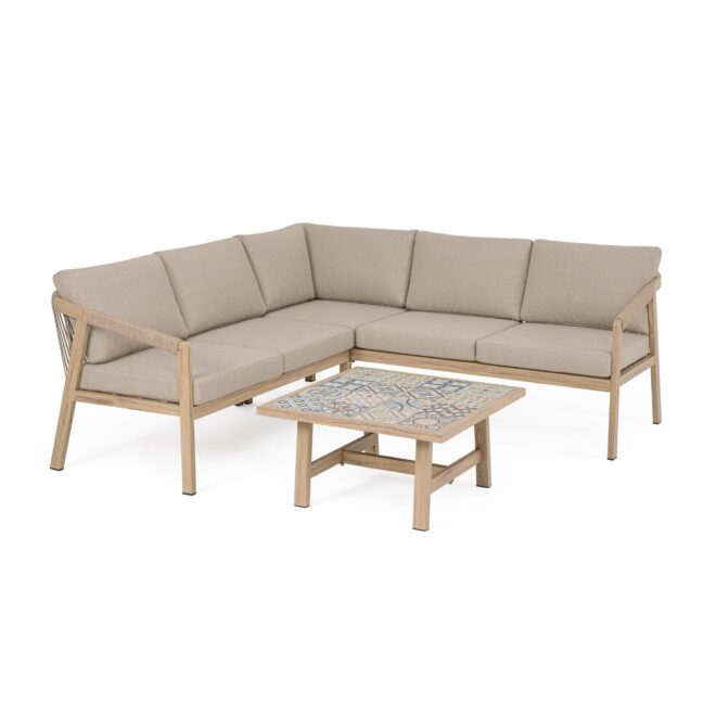 Set salotto angolare da giardino ALVOR con cuscini, intreccio in corda e struttura in alluminio effetto legno