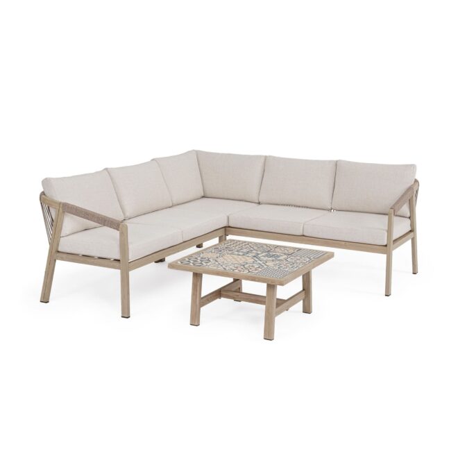 Set salotto angolare da giardino ALVOR con cuscini, intreccio in corda e struttura in alluminio effetto legno