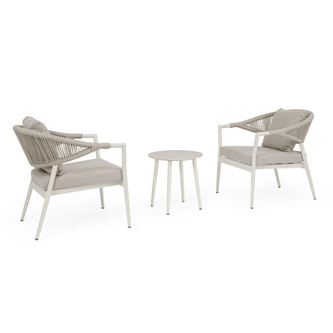Set salotto GETARIA in alluminio beige, corda tortora e tessuto beige, con poltrone impilabili
