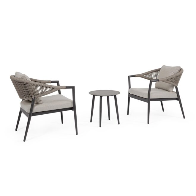Set salotto GETARIA in alluminio antracite, corda tortora e tessuto beige, con poltrone impilabili