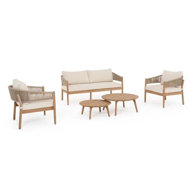 Set salotto SIVIGLIA in legno di acacia, corda e tessuto beige