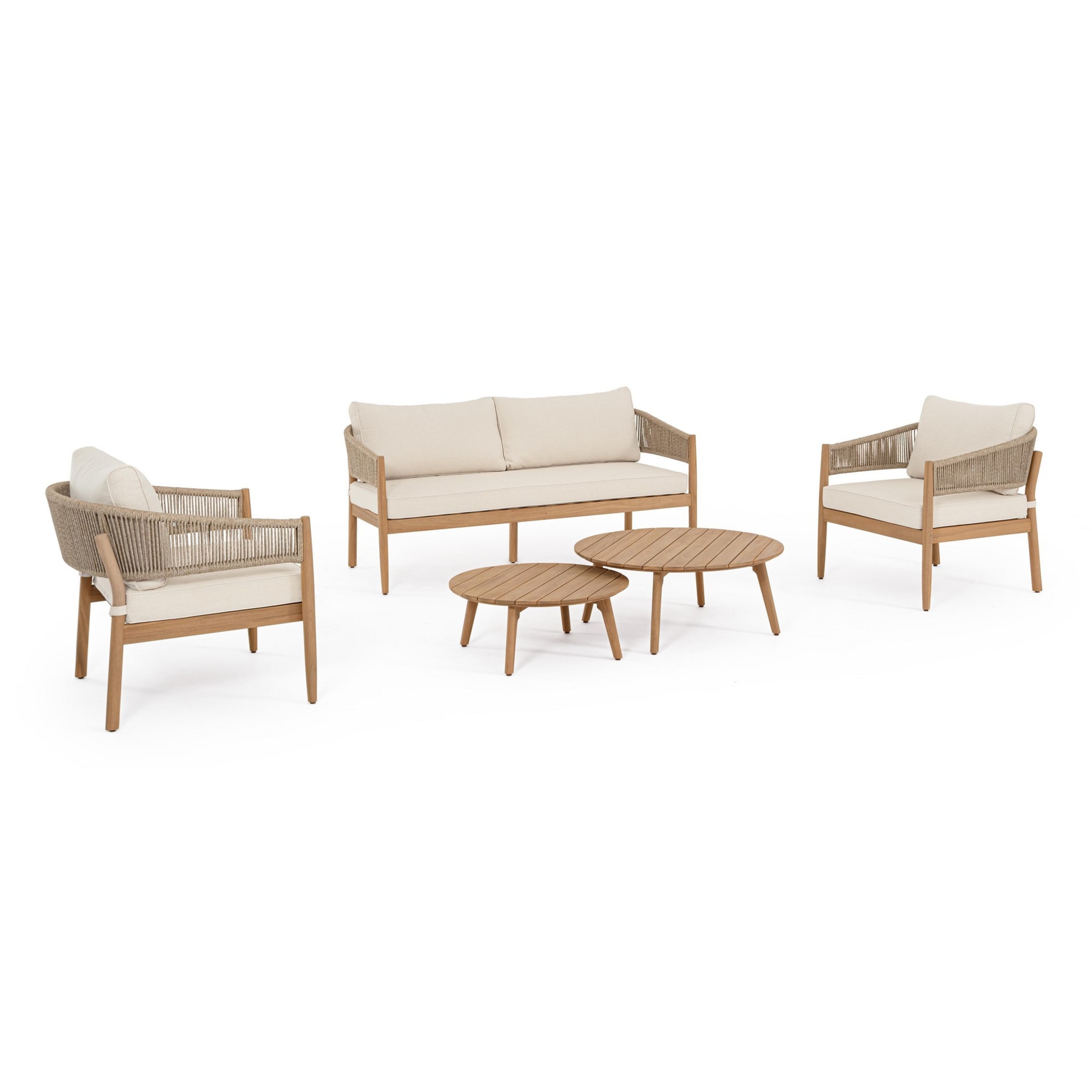 Set salotto SIVIGLIA in legno di acacia, corda e tessuto beige