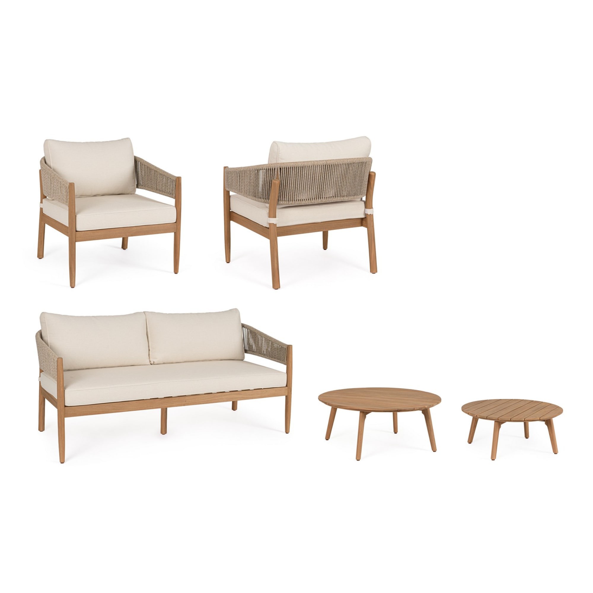 Set salotto SIVIGLIA in legno di acacia, corda e tessuto beige
