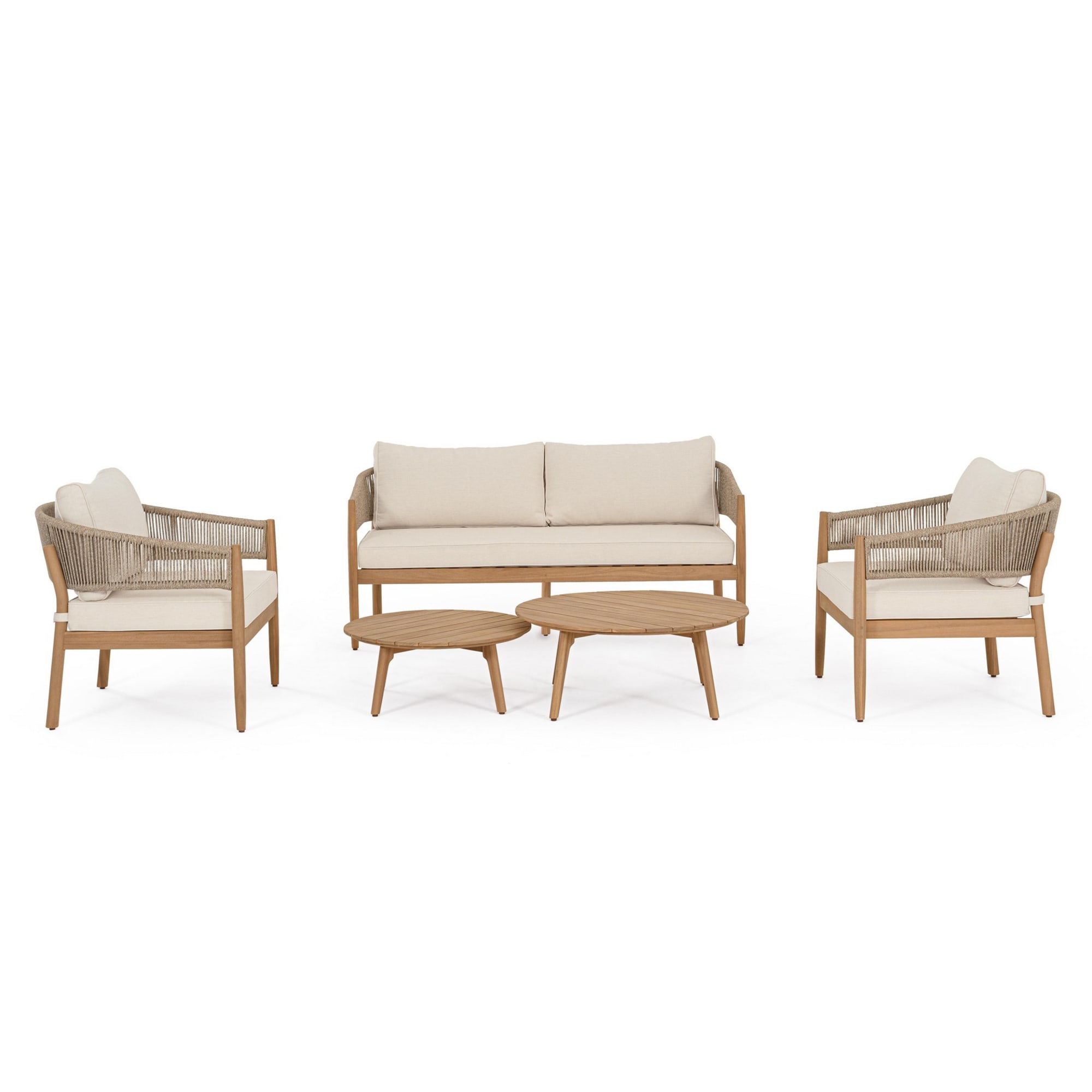 Set salotto SIVIGLIA in legno di acacia, corda e tessuto beige