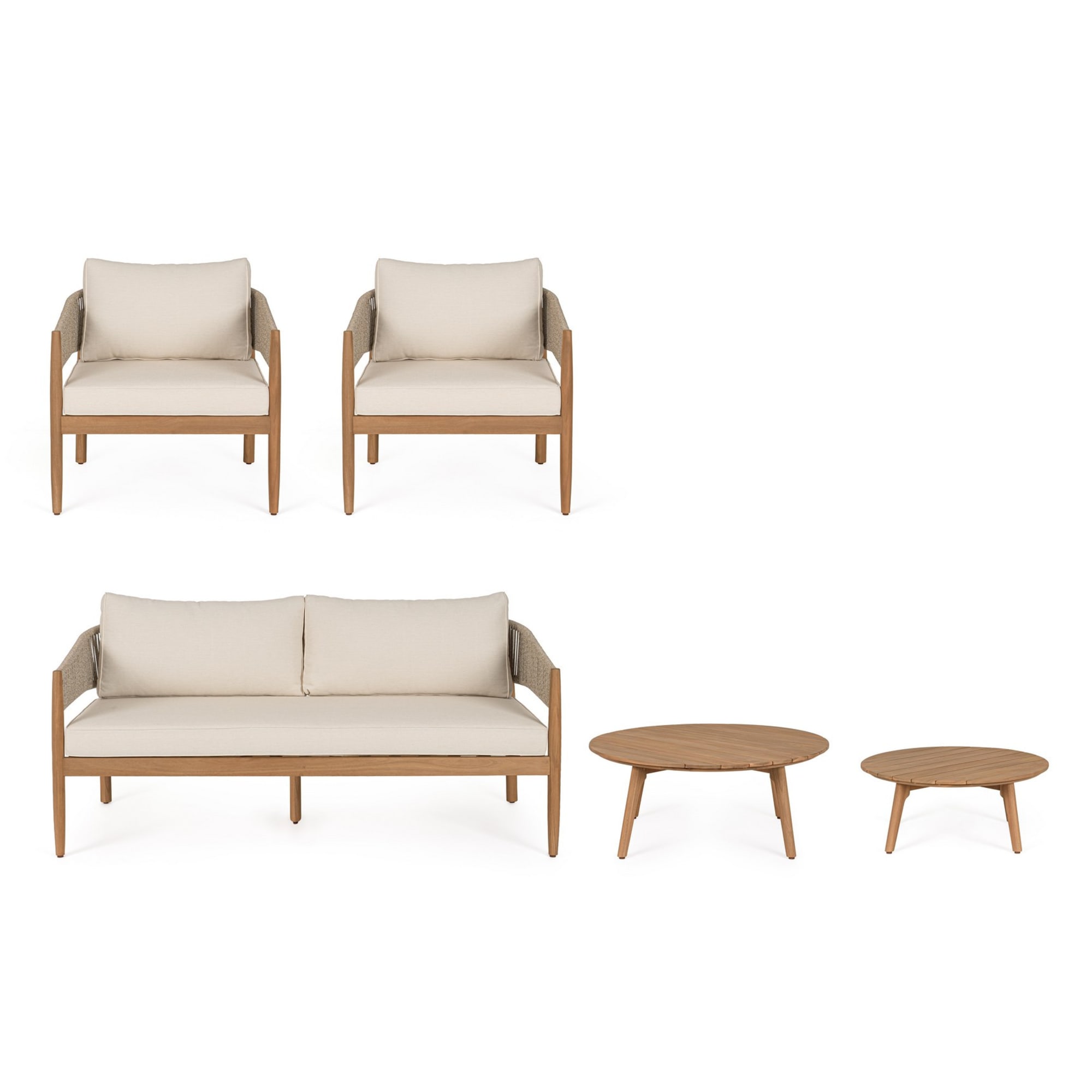Set salotto SIVIGLIA in legno di acacia, corda e tessuto beige