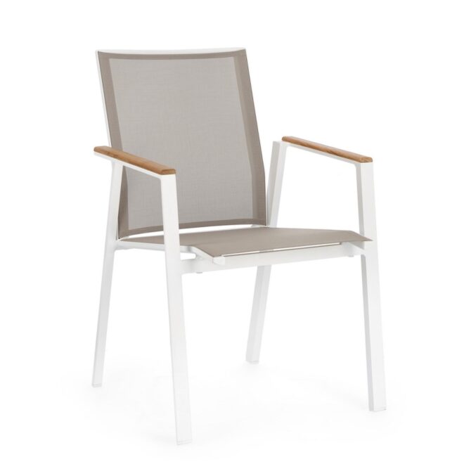 Set 4 sedie da giardino CAMERON in textilene grigio tortora con inserti in teak e struttura in alluminio bianco