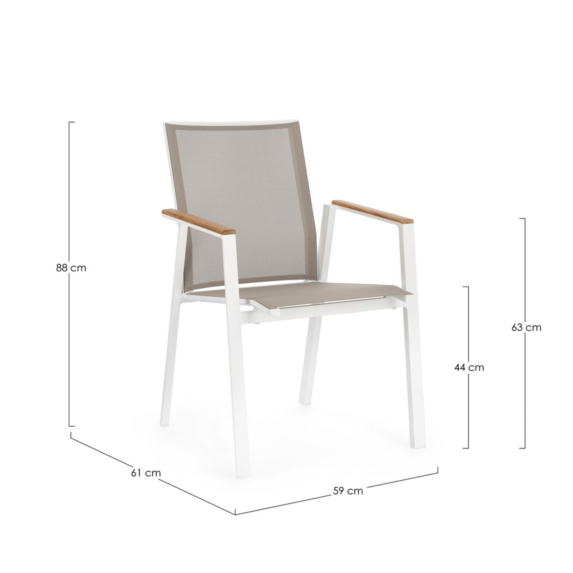 Set 4 sedie da giardino CAMERON in textilene grigio tortora con inserti in teak e struttura in alluminio bianco