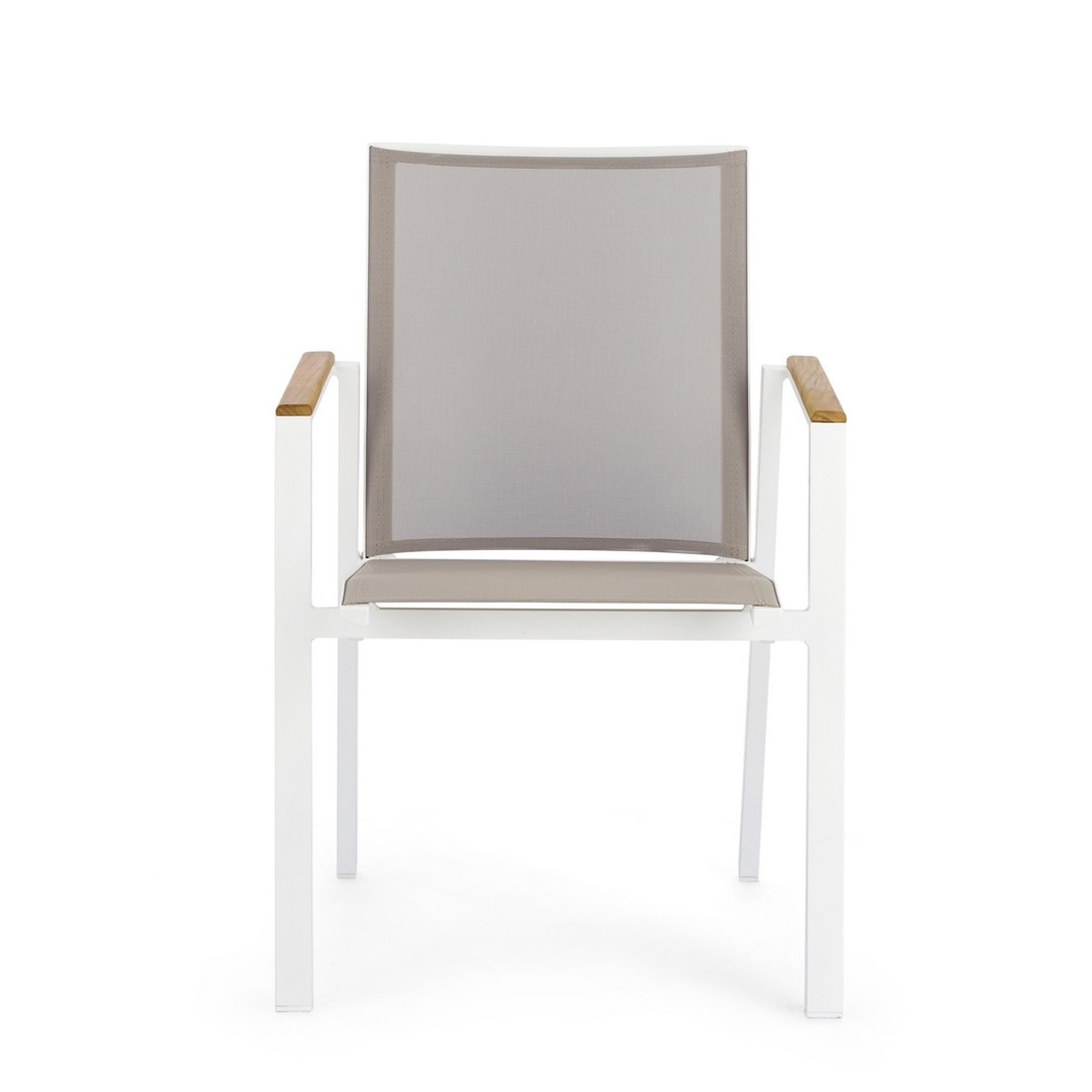 Set 4 sedie da giardino CAMERON in textilene grigio tortora con inserti in teak e struttura in alluminio bianco