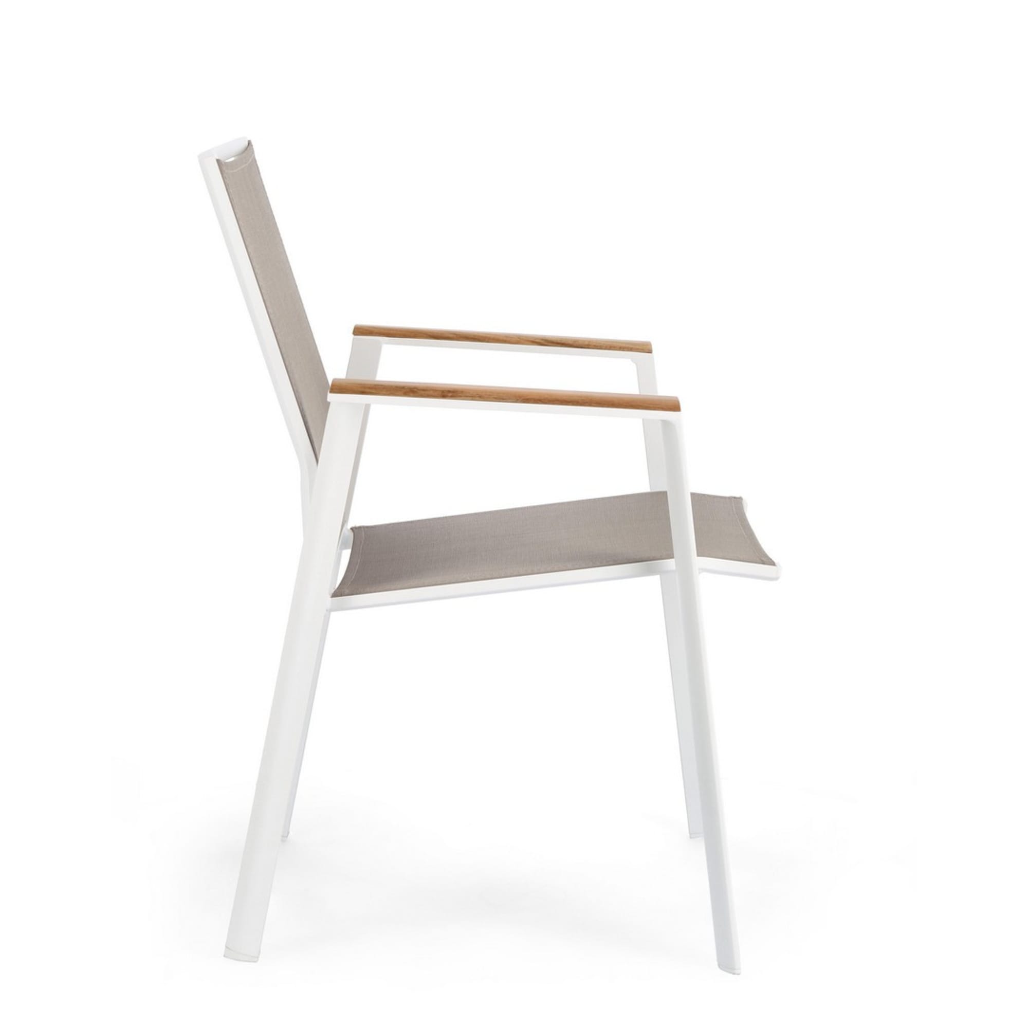 Set 4 sedie da giardino CAMERON in textilene grigio tortora con inserti in teak e struttura in alluminio bianco