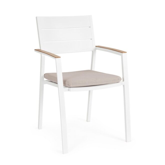 Set 4 sedie da giardino ZELMAR con cuscino tortora, braccioli effetto legno e struttura in alluminio bianco