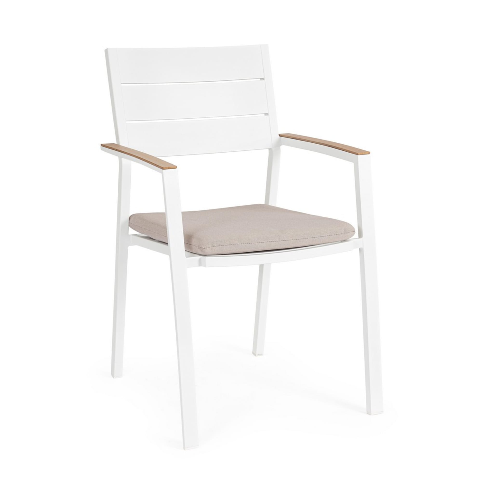 Set 4 sedie da giardino ZELMAR con cuscino tortora, braccioli effetto legno e struttura in alluminio bianco