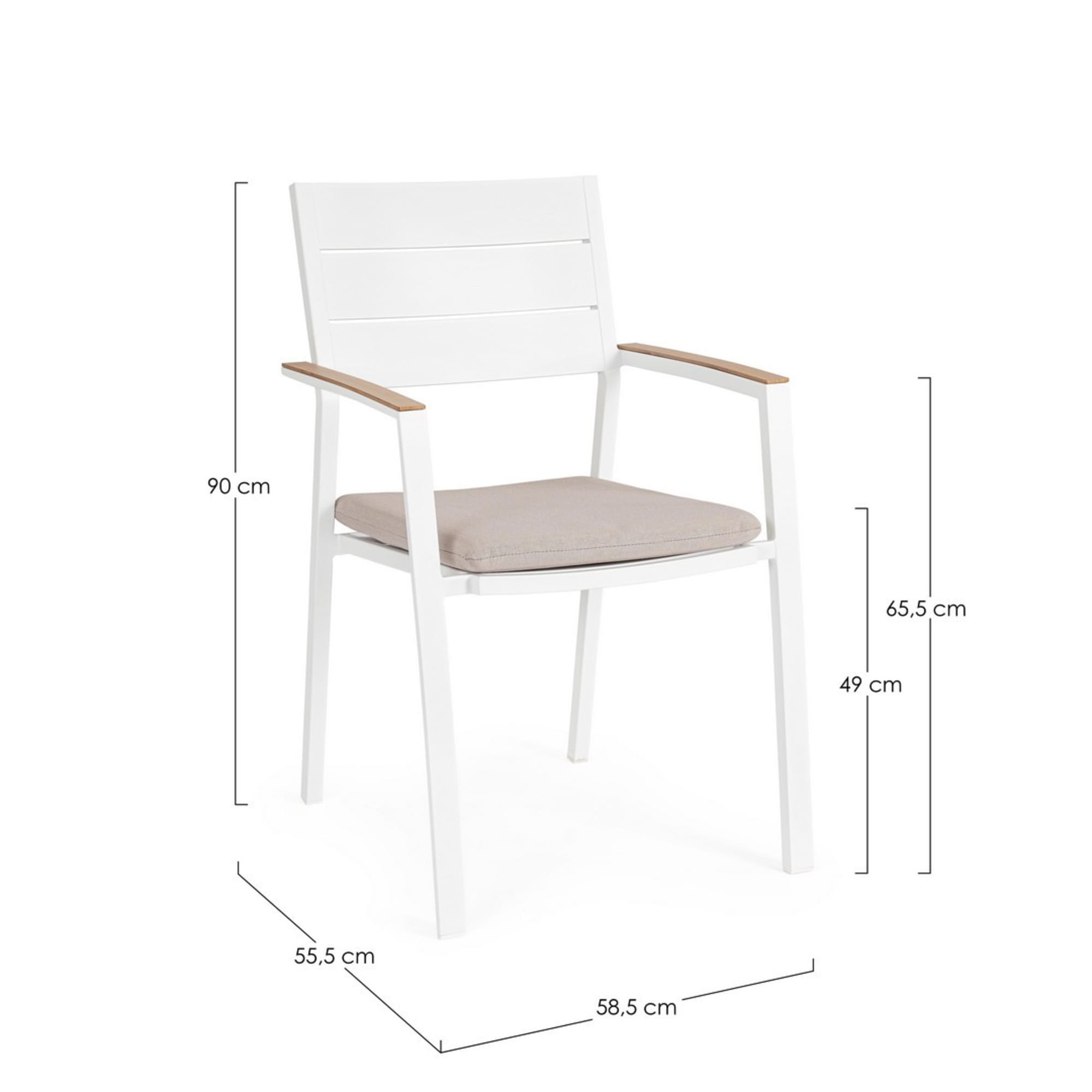 Set 4 sedie da giardino ZELMAR con cuscino tortora, braccioli effetto legno e struttura in alluminio bianco